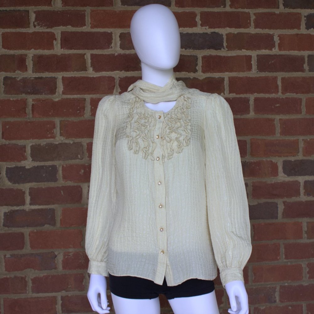 Milly of New York | Ivory 100% Silk Blouse | Long Sleeve, Ruffles & Tie Neck | 2
